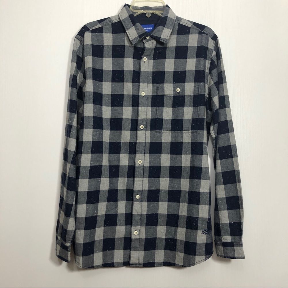 Jack & Jones Flannel Shirt Mens Medium Blue Gray Checked Speckled Navy New